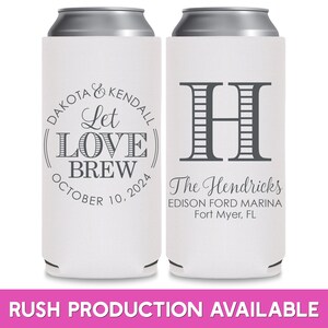 May include: Two white can coolers with black text. The left cooler has a circle with the text 'Dakota & Kendall Let Love Brew October 10, 2024'. The right cooler has the letter 'H' with a striped pattern and the text 'The Hendricks Edison Ford Marina Fort Myer, FL'.