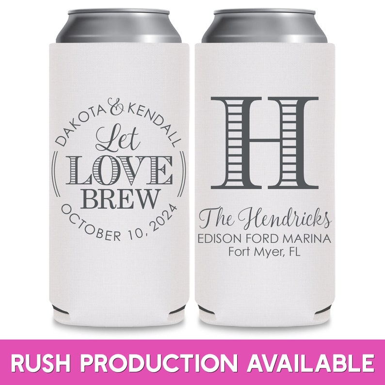 May include: Two white can coolers with black text. The left cooler has a circle with the text 'Dakota & Kendall Let Love Brew October 10, 2024'. The right cooler has the letter 'H' with a striped pattern and the text 'The Hendricks Edison Ford Marina Fort Myer, FL'.