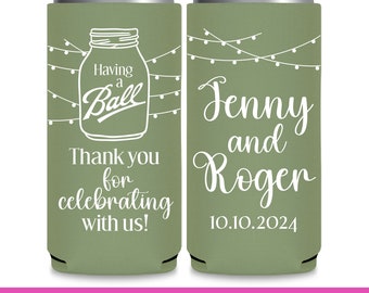 Wedding Thank You Gifts Slim Wedding Can Coolers Rustic Wedding Favors for Guests in Bulk Slim Coolers Wedding Favor Ideas Having A Ball 1A