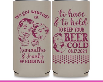 Funny Wedding Can Coolers Retro Wedding Favors for Guests in Bulk We Got Sauced Old-Fashioned Slim Can Coolers Vintage Wedding Favor Idea 1A