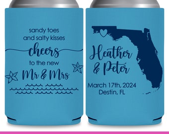 Beach Wedding Can Coolers With Any Map Destination Wedding Favors for Guests in Bulk Coastal Wedding Decor Sandy Toes Salty Kisses 1A