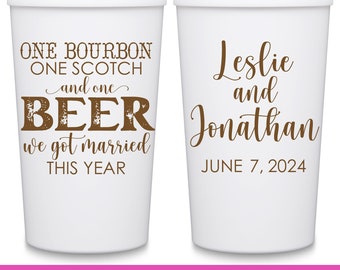 Wedding Party Cups Country Wedding Favors For Guests in Bulk Custom Cups Rustic Wedding Favors One Bourbon Shot & Beer We Got Married 1A