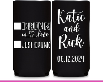 Wedding Can Coolers Fun Wedding Favors for Guests in Bulk Slim Can Coolers Wedding Party Gift Drunk In Love Just Drunk Bridesmaid Gifts 3A