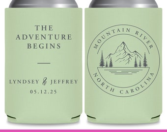 Wedding Can Coolers Destination Wedding Favors for Guests in Bulk Wedding Party Gift Beer Holder The Adventure Begins Mountain Wedding 3A