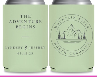 Wedding Can Coolers Destination Wedding Favors for Guests in Bulk Wedding Party Gift Beer Holder The Adventure Begins Mountain Wedding 3A