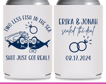 Funny Wedding Favors for Guests in Bulk Wedding Can Coolers Two Less Fish In The Sea 3A Shit Just Got Real Beach Wedding Party Gift Bags