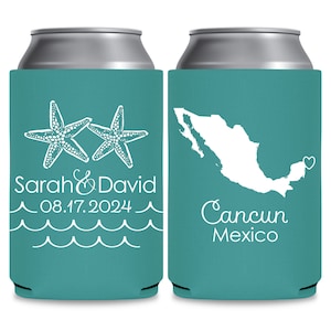 May include: Two turquoise blue can coolers with white designs. The cooler on the left has two starfish, the words 'Sarah & David', the date '08.17.2024', and wavy lines. The cooler on the right has a white outline of Mexico with a heart over Cancun, and the words 'Cancun Mexico'.