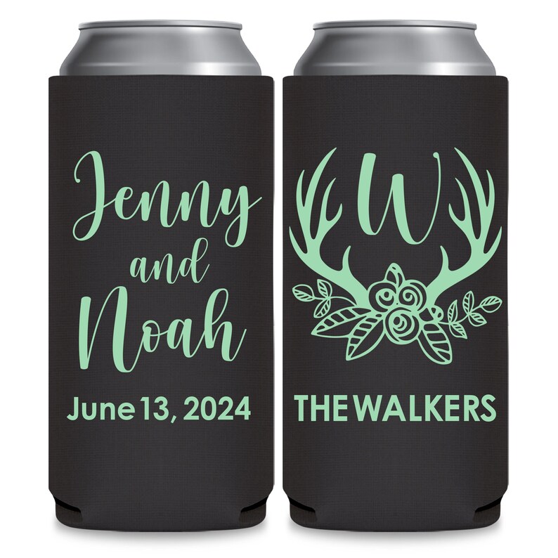 May include: Two black and green can coolers. One cooler has the text 'Jenny and Noah June 13, 2024' and the other cooler has the text 'JW THE WALKERS' with a floral design and antlers.
