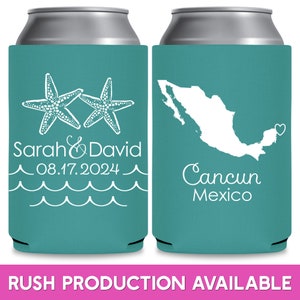 May include: Two turquoise blue can coolers with white text and images. The left cooler has two white starfish and the text 'Sarah & David 08.17.2024'. The right cooler has a white outline of Mexico with a heart over Cancun and the text 'Cancun Mexico'. 