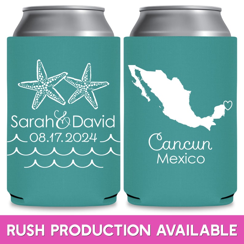 May include: Two turquoise blue can coolers with white text and images. The left cooler has two white starfish and the text 'Sarah & David 08.17.2024'. The right cooler has a white outline of Mexico with a heart over Cancun and the text 'Cancun Mexico'. 