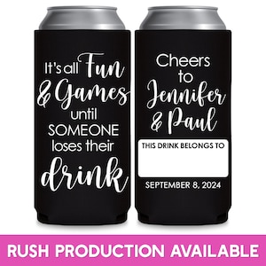 Wedding Can Coolers With Name Tag Wedding Favors for Guests in Bulk Slim Can Coolers Wedding Favor Ideas Fun & Games Wedding Party Gifts 1A image 1