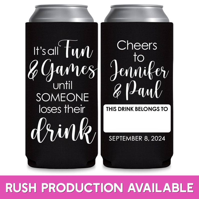 Wedding Can Coolers With Name Tag Wedding Favors for Guests in Bulk Slim Can Coolers Wedding Favor Ideas Fun & Games Wedding Party Gifts 1A image 1