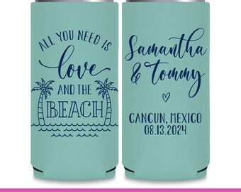 Wedding Can Coolers All You Need Is Love & The Beach Wedding Favors for Guests Beach Wedding Decor Slim Can Coolers Coastal Wedding Gift 1A2