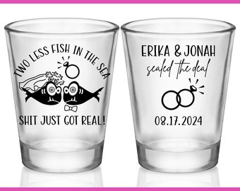 Nautical Wedding Shot Glasses Funny Wedding Favors for Guests in Bulk Custom Shot Glasses Two Less Fish In The Sea Shit Just Got Real 3A2