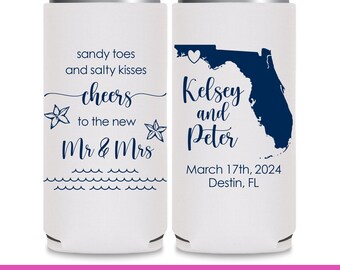 Beach Wedding Favors for Guests in Bulk Wedding Can Coolers With Map Slim Can Coolers Destination Wedding Favors Sandy Toes Salty Kisses 1A