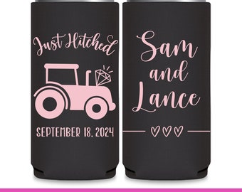 Country Wedding Can Coolers Barn Wedding Favors for Guests in Bulk Slim Can Coolers Wedding Party Gift Just Hitched 1A Tractor Wedding Decor
