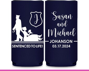 Police Wedding Can Coolers Cop Wedding Favors for Guests in Bulk Slim Can Coolers Sentenced to Life Police Officer Wedding Favor Ideas 1B