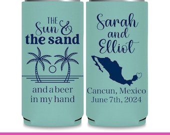 Wedding Can Coolers With Map for Wedding Gift Bags Destination Wedding Favors for Guests in Bulk Slim Can Coolers The Sun & The Sand 1B