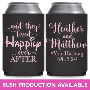May include: Two black can coolers with pink text. The left cooler says '...and they lived Happily ever AFTER'. The right cooler says 'Heather and Matthew #YourHashtag 04.13.24'. Both coolers are for wedding favors.