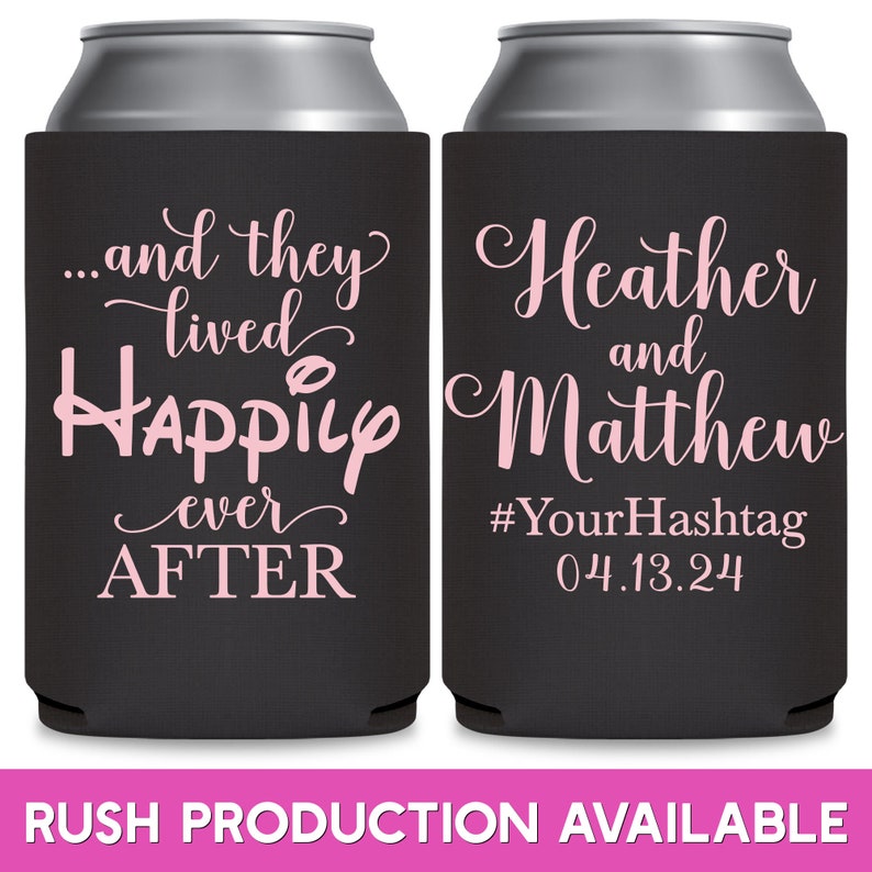 May include: Two black can coolers with pink text. The left cooler says '...and they lived Happily ever AFTER'. The right cooler says 'Heather and Matthew #YourHashtag 04.13.24'. Both coolers are for wedding favors.