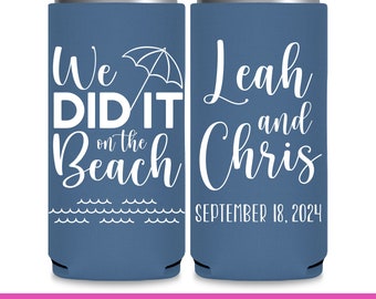 Wedding Can Coolers We Did It on the Beach Wedding Favors for Guests in Bulk Slim Can Coolers Wedding Party Gift Coastal Wedding Decor 1B