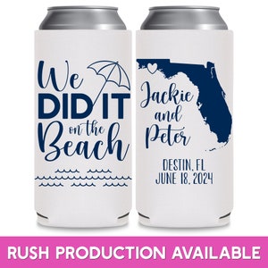 Wedding Can Coolers With Map Slim Can Cooler Coastal Wedding Decor Wedding Party Gift We Did It On The Beach Wedding Favors for Guests 1C image 1