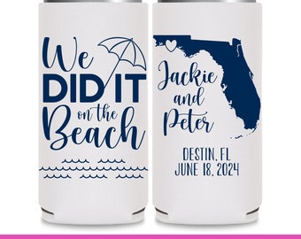 Wedding Can Coolers With Map Slim Can Cooler Coastal Wedding Decor Wedding Party Gift We Did It On The Beach Wedding Favors for Guests 1C