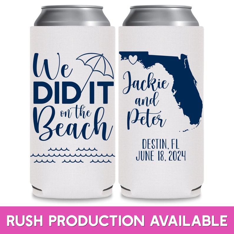 Wedding Can Coolers With Map Slim Can Cooler Coastal Wedding Decor Wedding Party Gift We Did It On The Beach Wedding Favors for Guests 1C image 1