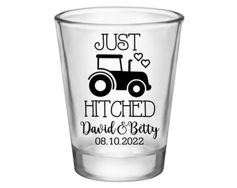 Country Wedding Shot Glasses Funny Wedding Favors for Guests in Bulk Personalized Shot Glasses Barn Wedding Party Gifts Just Hitched 2A