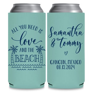 Wedding Can Coolers All You Need Is Love & The Beach Wedding Favors for Guests Beach Wedding Decor Slim Can Coolers Coastal Wedding Gift 1A2 image 2