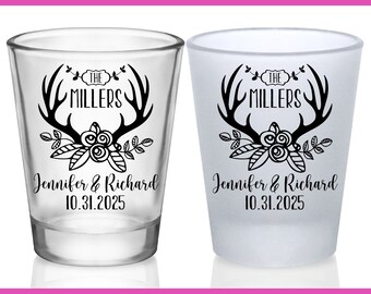 Barn Wedding Shot Glasses Rustic Wedding Favors for Guests in Bulk Personalized Shot Glasses Country Wedding Party Gifts Floral Antlers 1A