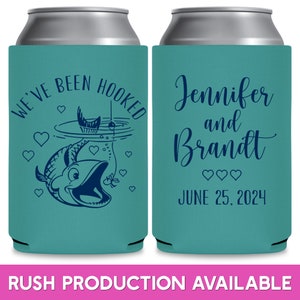 Beach Wedding Favors for Guests in Bulk Nautical Wedding Can Coolers Coastal Wedding Decor Cruise Wedding Party Gift We've Been Hooked 2A