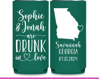 Country Wedding Can Coolers With Map for Destination Wedding Favors for Guests Bulk Slim Can Coolers Drunk In Love Wedding Favor Ideas 1B