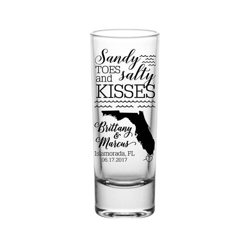 Tall Wedding Shot Glasses Personalized Wedding Favors Unique Wedding Favors 2oz Custom Shot Glasses Sandy Toes /& Salty Kisses 1A