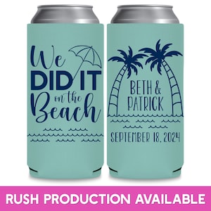 May include: Two blue and white can coolers. The left cooler has the text 'We DID IT on the Beach' with a blue umbrella icon. The right cooler has two palm trees with the text 'BETH & PATRICK' and 'SEPTEMBER 18, 2024'.