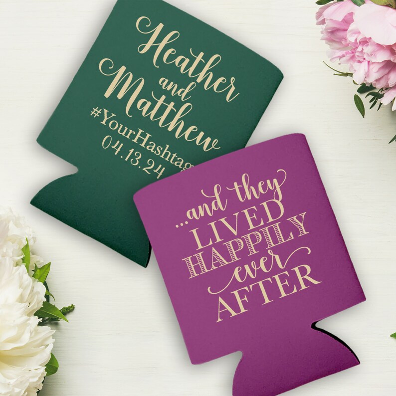 May include: Two personalized can coolers. One is green with the text 'Heather and Matthew #YourHashtag 04.13.24'. The other is purple with the text '...and they LIVED HAPPILY ever AFTER'. 