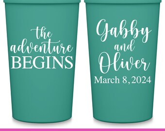 Wedding Party Cups Destination Wedding Favors For Guests in Bulk Personalized Party Cups Travel Wedding Party Favors The Adventure Begins 2A