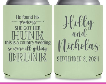 Country Wedding Can Coolers Fun Wedding Favors for Guests in Bulk He Found His Princess She Got Her Hunk Barn Wedding Favor Ideas 1A