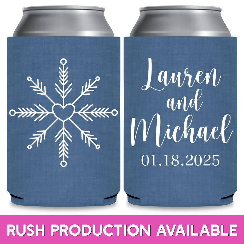 May include: Two blue can coolers with white text and designs. The left cooler has a snowflake design with a heart in the center. The right cooler has the text 'Lauren and Michael 01.18.2025'.