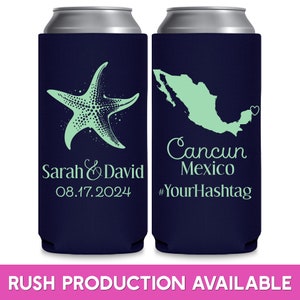 May include: Two blue and white can coolers with a starfish and a map of Mexico. The text on the cooler reads 'Sarah & David 08.17.2024' and 'Cancun Mexico #YourHashtag'.
