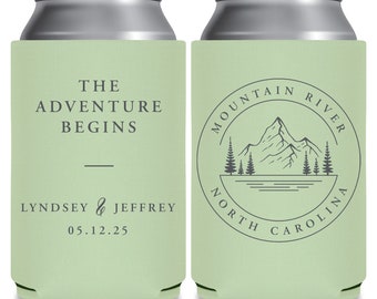 Wedding Can Coolers Destination Wedding Favors for Guests in Bulk Wedding Party Gift Beer Holder The Adventure Begins Mountain Wedding 3A