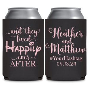 May include: Two black can coolers with pink text. The left cooler says '...and they lived happily ever AFTER'. The right cooler says 'Heather and Matthew #YourHashtag 04.13.24'.