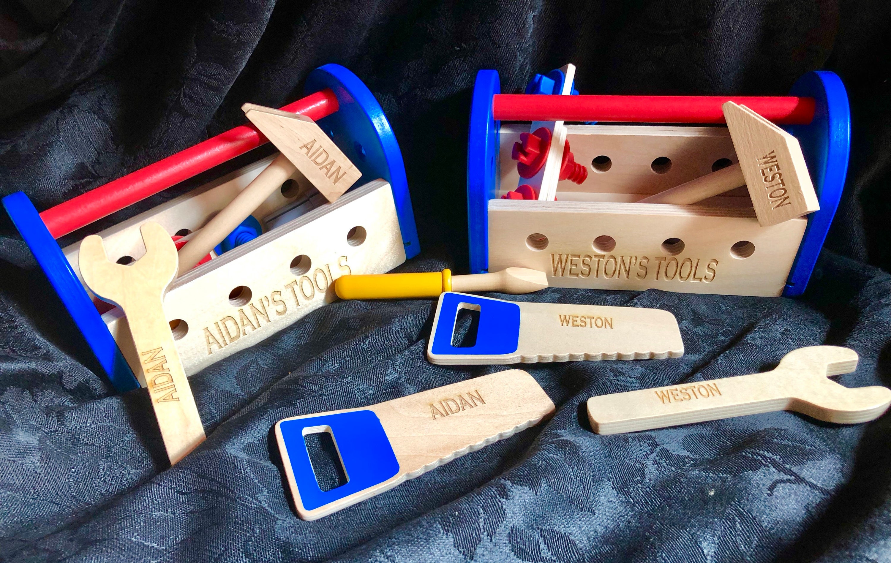 Childrens toy tool box engraved personalised kit wood Etsy