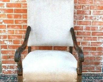 French Antique Carved Oak Armchair Renaissance Style White Gray Upholstery