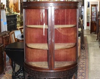 English Antique Mahogany Edwardian Display Cabinet | Curved Glass Shelves c.1900