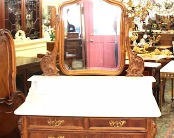 French Antique Louis XV Dresser | Walnut Vanity with White Marble Top