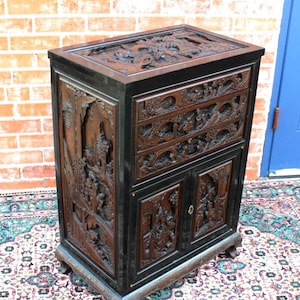 Heavily Carved Chinese Silverware Cabinet | Antique Storage Chest w/ Drawers