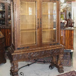 French Antique Renaissance Oak Display Cabinet | Glass Doors & Carved Base