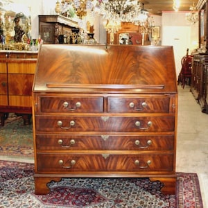 English Flamed Mahogany Bevan Funnel Front Drop Desk | Antique Secretary