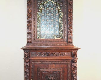 French Black Forest Oak Renaissance Stained Glass Door Bookcase / Cabinet